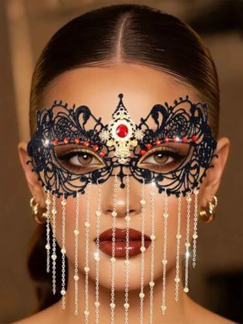 9446 Masquerade Lace Mask Costume Eye Mask Tassels Face Masks Rhinestone
